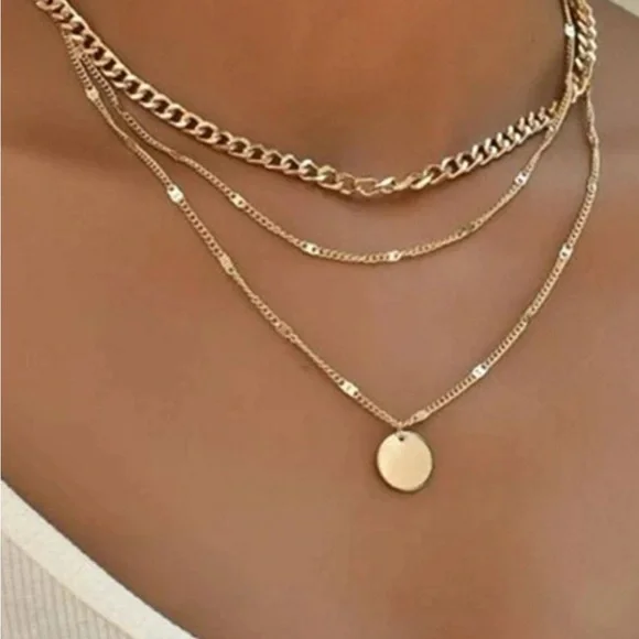 Multi-layer Long Round Disc Gold Chain Pendant Necklace - Picture 6 of 8
